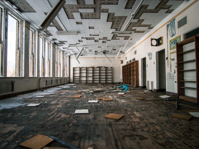 library inside abandoned school