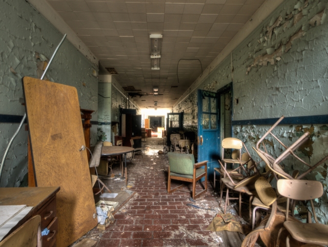 abandoned school hallway