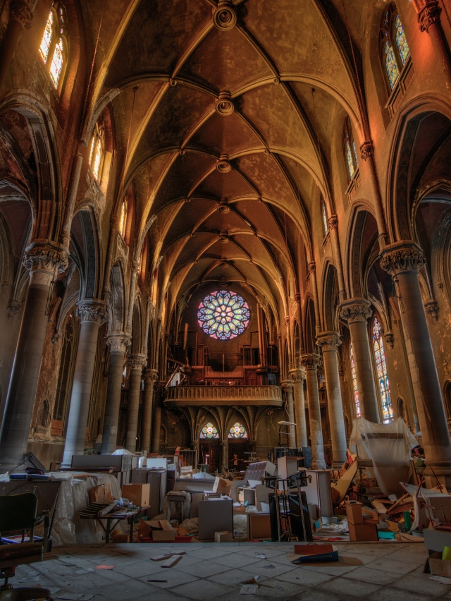 neo-gothic architecture inside abandoned church