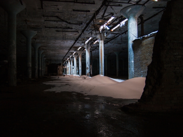 abandoned industrial rayon factory basement full of snow