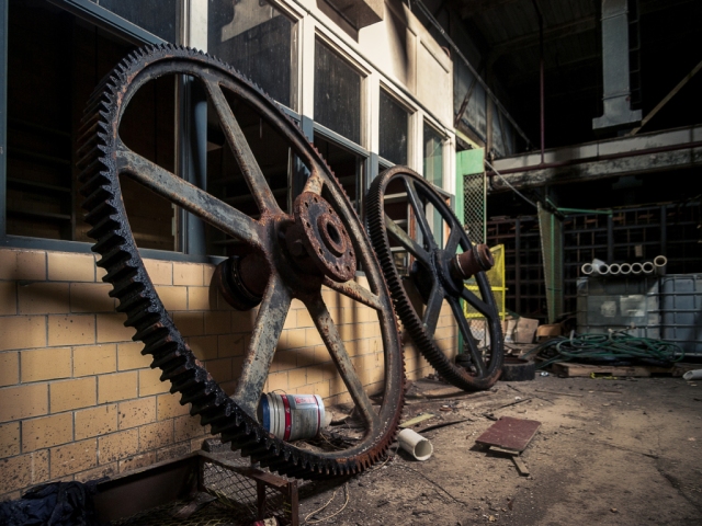 abandoned industrial rayon factory giant gears