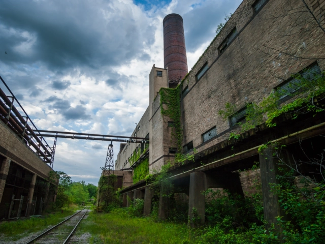 abandoned industrial rayon factory overgrown