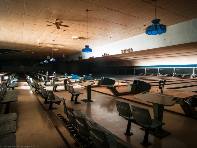 abandoned bowling alley with everything left behind