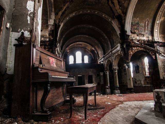 piano inside abandoned church