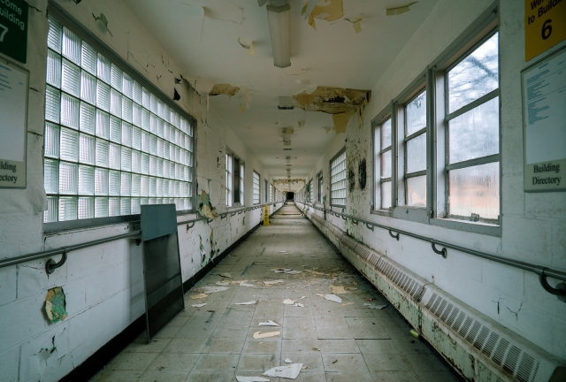 long hallway in abandoned hospital