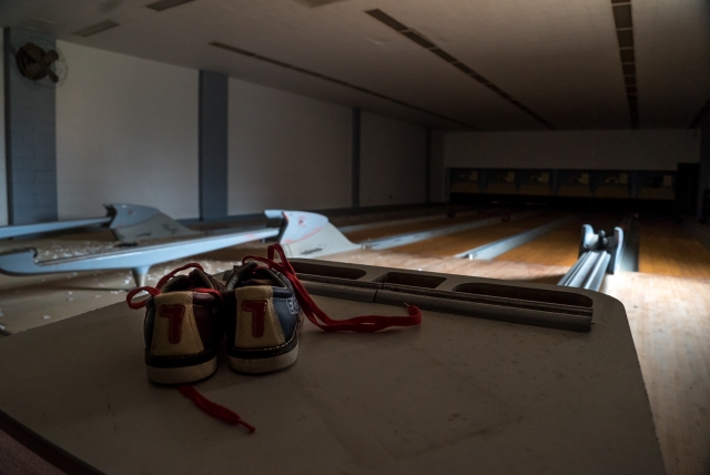 bowling shoes in abandoned bowling alley