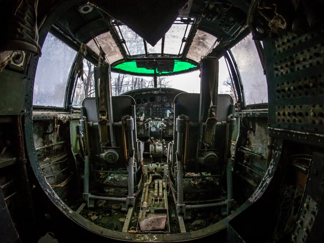 cockpit of an abandoned bomber plane