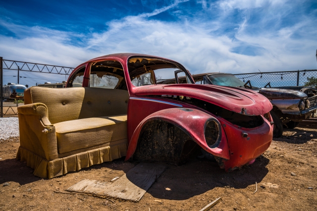 vintage car with couch in bombay beach california